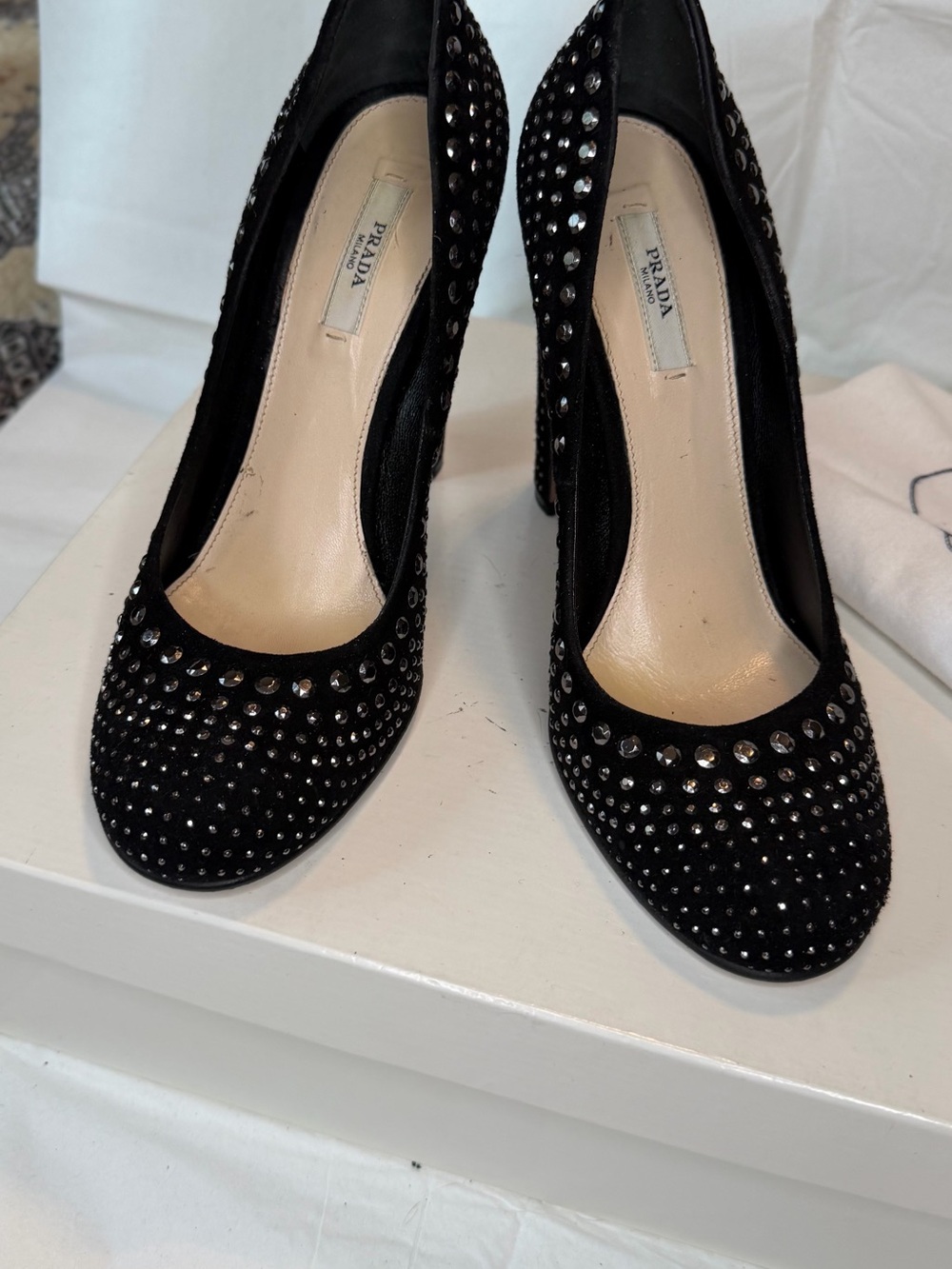 Prada Black Crystal-Studded Suede Pumps - Picture 2 of 8